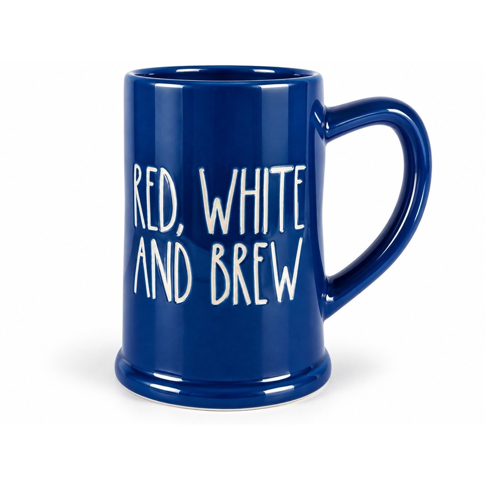 Rae Dunn Red White and Brew Blue Ceramic Mug Stein Magenta Patriotic USA